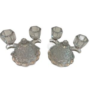 2 Imperial Glass Ohio Laced Edge Double Candle Holders Depression Glass Vtg